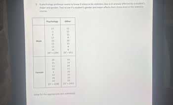 3. A psychology professor wants to know if stress in his statistics class is in anyway affected by a student's
major and gender. Test to see if a student's gender and major affects their stress level in the statistics
course.
Psychology
Other
17
11
-1
12
9
12
17
9
Male
10
10
13
13
13
4
14
6
EX² = 1294
EX² 811
25
19
15
14
11
20
20
12
Female
3
20
12
15
18
10
20
25
EX² = 2248
ΣΧ' = 2451
Solve for the appropriate test statistic(s).