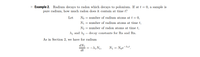 > Example 2. Radium decays to radon which decays to polonium. If at t = 0, a sample is
pure radium, how much radon does it contain at time t?
Let
No = number of radium atoms at t = 0,
N1 = number of radium atoms at time t,
N2 = number of radon atoms at time t,
A1 and A2 = decay constants for Ra and Rn.
As in Section 2, we have for radium
dN1
-A1 N1,
N1 = Noe-^t.
dt
