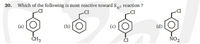 20. Which of the following is most reactive toward Sy2 reaction ?
Cl
-Cl
Cl
(a)
(Ъ)
(c)
(d)
ČH3
NO2
