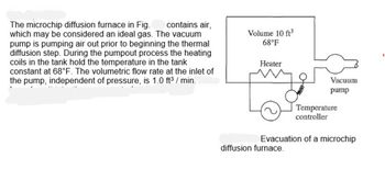 contains air,
The microchip diffusion furnace in Fig.
which may be considered an ideal gas. The vacuum
pump is pumping air out prior to beginning the thermal
diffusion step. During the pumpout process the heating
coils in the tank hold the temperature in the tank
constant at 68°F. The volumetric flow rate at the inlet of
the pump, independent of pressure, is 1.0 ft³/min.
Volume 10 ft³
68°F
Heater
Vacuum
pump
diffusion furnac
Temperature
controller
Evacuation of a microchip