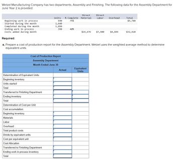 Wetzel Manufacturing Company has two departments, Assembly and Finishing. The following data for the Assembly Department for
June Year 2 is provided:
Determination of Equivalent Units
Beginning inventory
Units started
Total
Beginning work in process
Started during the month
Completed during the month
Ending work in process
Costs added during month
Required:
a. Prepare a cost of production report for the Assembly Department. Wetzel uses the weighted average method to determine
equivalent units.
Cost of Production Report
Assembly Department
Month Ended June 30
Transferred to Finishing Department
Ending inventory
Total
Units
Determination of Cost per Unit
Cost accumulation:
Beginning inventory
Materials
Labor
Overhead
Total product costs
Divide by equivalent units
Cost per equivalent unit
Cost Allocation
Transferred to Finishing Department
Ending work in process inventory
Total
640
1,640
1,890
390
Direct
Direct
% Complete Material Labor Overhead
75%
Actual
40%
$19,676
Equivalent
Units
Total
$9,780
$7,900 $4,844
$32,420