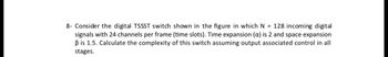8- Consider the digital TSSST switch shown in the figure in which N = 128 incoming digital
signals with 24 channels per frame (time slots). Time expansion (a) is 2 and space expansion
ẞ is 1.5. Calculate the complexity of this switch assuming output associated control in all
stages.