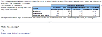 The contingency table below shows the number of adults in a nation (in millions) ages 25 and over by employment status and educational
attainment. The frequencies in the table
can be written as conditional
relative frequencies by dividing each row
entry by the row's total.
Status
Employed
Unemployed
Not in the labor force
Educational Attainment
Not a high High school Some college, Associate's, bachelor's,
school graduate graduate no degree or advanced degree
C
8.7
1.8
11.7
23.8
4.7
19.7
44.1
2.6
1.2
23.3
6.5
18.1
What percent of adults ages 25 and over in the nation who are not in the labor force have some college education, but no degree?
What is the percentage?
% ☐
(Round to one decimal place as needed.)