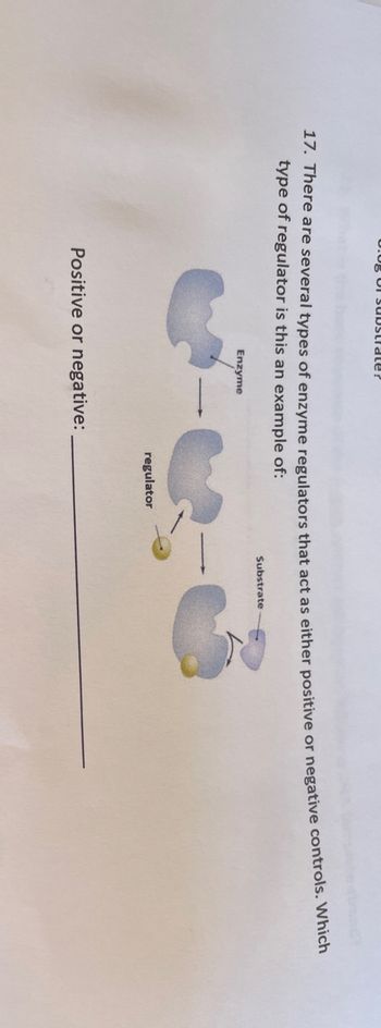 0.08 01 substrate?
17. There are several types of enzyme regulators that act as either positive or negative controls. Which
type of regulator is this an example of:
Enzyme
Positive or negative:
regulator
Substrate