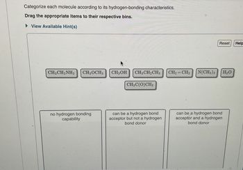 Categorize each molecule according to its hydrogen-bonding characteristics.
Drag the appropriate items to their respective bins.
View Available Hint(s)
Reset
Help
CH3CH2NH2 CH3OCH3
CH3OH
CH3CH2CH3
CH2=CH2
N(CH3)3
H₂O
CH3C(O)CH3
no hydrogen bonding
capability
can be a hydrogen bond
acceptor but not a hydrogen
bond donor
can be a hydrogen bond
acceptor and a hydrogen
bond donor