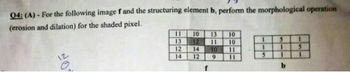 Q4: (A)-For the following image f and the structuring element b, perform the morphological operation
(erosion and dilation) for the shaded pixel.
O.
11
13
12
14
10 13 10
11
12
14 10
12
9
10
11
11
1
1
5
1
1
b
1
5