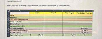 Calculate the value of A.
Enter Favourable variances as a positive number and Unfavourable variances as a negative number.
1
2 Units
3
4 Less: Total Variable Costs
5 Direct Materials
Revenues
6 Direct Labour
7 Variable Manuf. OH.
8 Total Variable Costs
9 Total Contribution Margin
10 Total Fixed Costs
11 Operating Income
$
B
Static
120,000
C
Actual
$
D
Flex Budget
80,000
E
Flex Budget Variance
$70,000 F
$20,000 U
$20,000 U