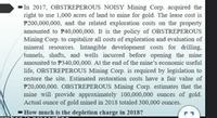 In 2017, OBSTREPEROUS NOISY Mining Corp. acquired the
right to use 1,000 acres of land to mine for gold. The lease cost is
P200,000,000, and the related exploration costs on the property
amounted to P40,000,000. It is the policy of OBSTREPEROUS
Mining Corp. to capitalize all costs of exploration and evaluation of
mineral resources. Intangible development costs for drilling,
tunnels, shafts, and wells incurred before opening the mine
amounted to P340,00,000. At the end of the mine's economic useful
life, OBSTREPEROUS Mining Corp. is required by legislation to
restore the site. Estimated restoration costs have a fair value of
P20,000,000. OBSTREPEROUS Mining Corp. estimates that the
mine will provide approximately 100,000,000 ounces of gold.
Actual ounce of gold mined in 2018 totaled 300,000 ounces.
How much is the depletion charge in 2018?
