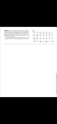 Problem 1.5-2 A bar of length 2.0 m is made of a structural
stoel having the stres-strain dingram shown in the figure. The
yield stresa of the steel is 250 MPa and the slope of the initial
lincar part of the stress-strain curve (modulus of elasticity) is
200 GP. The bar is loaded axially until it eklongates 6.5 mm, and
then the load is removod.
How does the final length of the bar compare with its orig-
inal length? Hint: Ue the concepts illustrated in Fig. 1-36h)
MP
300
200
100
0.002
0.004
0.006
