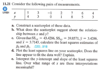 11.21 Consider the following pairs of measurements.
D
L11021
x
y
54
5
4
33
3
-1
2
7
3
0
1
8
65
5
43
3
a. Construct a scatterplot of these data.
b. What does the scatterplot suggest about the relation-
ship between x and y?
xx
c. Given that SS = 43.4286, SSxy = 39.8571, y = 3.4286,
and 3.7143, calculate the least squares estimates of
Bo and B. 020; .918
d. Plot the least squares line on your scatterplot. Does the
line appear to fit the data well? Explain.
e. Interpret the y-intercept and slope of the least squares
line. Over what range of x are these interpretations
meaningful?