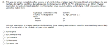 48. A 58-year-old woman comes to the office because of a 1-month history of fatigue, fever, shortness of breath, and joint pain; she also
has had a 3.2-kg (7-lb) weight loss during this period. Her temperature is 37.6°C (99.7°F), and respirations are 34/min. Physical
examination shows tenderness to palpation over the maxillary sinus, nasal ulcerations, and a bulging, red left tympanic membrane.
Laboratory studies show:
Erythrocyte sedimentation rate
Serum C-reactive protein
65 mm/h
8.2 mg/L (N=0.08-3.1)
2+
2+
Urine
Blood
Protein
Histologic examination of a biopsy specimen of affected lung tissue shows granulomata and vasculitis. An autoantibody is most likely
directly binding which of the following cell types in this patient?
OA) Basophils
B) Endothelial cells
C) Fibroblasts
D) Neutrophils
E) Plasma cells