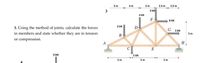 3. Using the method of joints, calculate the forces
in members and state whether they are in tension
or compression.
3 kN
3
3m
2 KN
B
5m
4m
5 KN
4 KN
3m
5m
3 KN
F
E
2.5 m
2.5 m
8 KN
G 2KN
5m
H
5m