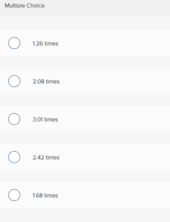 Multiple Choice
O
O
O
O
O
1.26 times
2.08 times
3.01 times
2.42 times
1.68 times