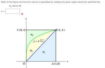 ### Volume of Generated Solid by Rotation

#### Problem Statement:
Refer to the figure and find the volume \( V \) generated by rotating the given region about the specified line.

#### Rotation Region:
Rotate \( R_3 \) about the line \( AB \).

#### Volume Formula:
\[ V = \]

#### Diagram Explanation:
- The diagram is set on a coordinate system with x-axis (\( x \)) and y-axis (\( y \)).
- Point \( O \) is at the origin \((0, 0)\).
- The points marked on the diagram are \( A(1, 0) \), \( B(1, 4) \), and \( C(0, 4) \).
- There are three marked regions:
  - Region \( R_1 \) is the bottom right triangular area, marked in blue.
  - Region \( R_2 \) is the upper left area, marked in green, formed under the curve \( y = 4 \sqrt[4]{x} \) and above the x-axis.
  - Region \( R_3 \) is the area in yellow, formed between region \( R_1 \) and region \( R_2 \). This region is bounded by the line \( OB \) and the curve \( y = 4 \sqrt[4]{x} \).

#### Key Elements and Boundaries:
- The curve \( y = 4 \sqrt[4]{x} \) defines part of the boundary for \( R_2 \) and \( R_3 \).
- The rectangle \( OACB \) encompasses all regions \( R_1 \), \( R_2 \), and \( R_3 \).
- The line segment \( AB \) acts as the axis of rotation.

#### Integration and Calculation:
To solve for the volume \( V \) generated by the rotation of region \( R_3 \) around line \( AB \), set up and evaluate the integral using the Disk/Washer or Cylindrical Shell method as appropriate for the given boundaries and axis of rotation. This involves determining the radii and heights pertinent to the areas being rotated.