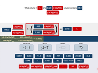 What volume inL of a 0.320 M Mg(NO,), solution contains 45.0
g of Mg(NO,), ?
g Mg(NO,),
45.0
g Mg(NO,),
0.948
L
148.33
mol Mg(NO,),
0.320
mol Mg(NO,),
148.33 g Mg(NO,),
45.0 g Mg(NO,),
= 0.948 L
mol Mg(NO,),
0.320 mol Mg(NO,),
ADD FACTOR
DELETE
ANSWER
RESET
*( )
0.0971
0.303
14.4
86.32
141
0.320
210.34
45.0
0.948
1
0.167
1.63
6.022 x 1023
148.33
M Mg(NO,), mol Mg(NO,), g Mg(NO,),/mol
mL
g Mg(NO,),
L

