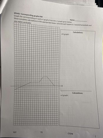 SPH4U-Corresponding
graphs HW
Name:
Graph the corresponding d-t and a-t graphs from the v-t graph given below:
Show complete calculations in the appropriate boxes: (assume each square is 1 second horizontally and
one metre vertically)
KU
TI
d-t graph:
a-t graph:
Calculations:
Calculations:
COM
1