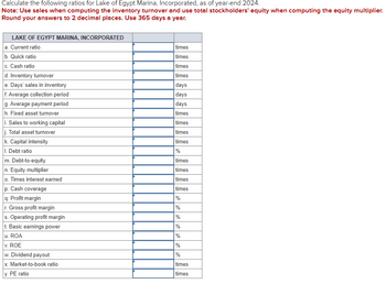 Calculate the following ratios for Lake of Egypt Marina, Incorporated, as of year-end 2024.
Note: Use sales when computing the inventory turnover and use total stockholders' equity when computing the equity multiplier.
Round your answers to 2 decimal places. Use 365 days a year.
LAKE OF EGYPT MARINA, INCORPORATED
a. Current ratio
b. Quick ratio
c. Cash ratio
d. Inventory turnover
e. Days' sales in inventory
f. Average collection period
g. Average payment period
h. Fixed asset turnover
i. Sales to working capital
j. Total asset turnover
k. Capital intensity
I. Debt ratio
m. Debt-to-equity
n. Equity multiplier
times
times
times
times
days
days
days
times
times
times
times
%
times
times
times
times
%
%
o. Times interest earned
p. Cash coverage
q. Profit margin
r. Gross profit margin
s. Operating profit margin
t. Basic earnings power
%
%
u. ROA
%
v. ROE
%
w. Dividend payout
%
x. Market-to-book ratio
times
y. PE ratio
times