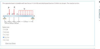 The opposite beam is loaded with two forces P=10.4 KN and distributed load w=13 KN/m as shown. The reaction at A is
P
P
W
C D E
A
B
self f santiman
1.8 m
0.6 m 0.6 m 0.6 m
Select one:
O A. 28
O B. 32.6
O C. 16.7
OD. 21.4
O E. 13.3
Clear my choice
III
Fi