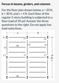 Forces in beams, girders, and columns
For the floor plan shown below, a = 20 ft,
b = 30 ft, andc = 4 ft. Each floor of the
regular 5-story building is subjected to a
floor load of 35 psf. Answer the three
questions to the right. Do not apply live
load reductions.
a
b
C4 I
I
C6
C5
G2
G3
B1
G1
C1
I-
C2
C3
I
I
B2
I
8
