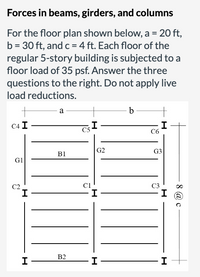 Forces in beams, girders, and columns
For the floor plan shown below, a =
20 ft,
b = 30 ft, andc = 4 ft. Each floor of the
regular 5-story building is subjected to a
floor load of 35 psf. Answer the three
questions to the right. Do not apply live
load reductions.
a
b
C4 I
C5
C6
G2
G3
B1
G1
C2
C1
C3
I
B2
8 @ c
