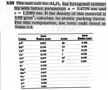 3.29 The unit cell for Al₂O3 has hexagonal symme-
try with lattice parameters a = 0.4759 nm and
c = 1.2989 nm. If the density of this material is
3.99 g/cm³, calculate its atomic packing factor.
For this computation, use ionic radii listed in
Table 3.4.
C=
Cation
AP.
Ba²+
at
Fo²
Fo³
K+
Mg²+
Ma²
Na'
Ni²
Si
Ti
Jonic
Radius (nm)
0.0153
0.136
0.100
0.170
0.077
0.069
0.138
0.072
0.067
0.102
0.069
0.040
0.061
Anion
Br
a™
I-
0²
S²-
Jonic
Radius (am)
0.196
0.181
0.133
0.220
0.140
0.184