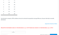 44
4
24
32
5
50
46
6
44
41
7
50
47
8
55
51
9
49
49
Use the data to compute a 90% confidence interval to estimate the population average difference. Assume ridership is normally
distributed.
Appendix A Statistical Tables
(Round the intermediate values to 3 decimal places, e.g. 1.254. Round your answers to 3 decimal places, e.g. 1.254.)
<Ds
Attomnts: 0 of 3 usecd
C..bne:t A.
