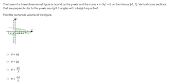 The base of a three-dimensional figure is bound by the y-axis and the curve x = -3y² + 6 on the interval [-1, 1]. Vertical cross sections
that are perpendicular to the y-axis are right triangles with a height equal to 6.
Find the numerical volume of the figure.
4
3
2
1
444
4567
-3-2
-2
&r to w
4
O V = 48
O V = 30
45
V =
3
64
5