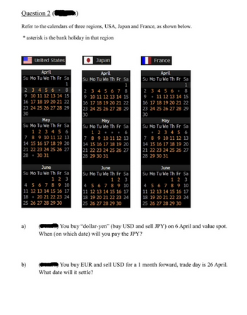 Question 2
Refer to the calendars of three regions, USA, Japan and France, as shown below.
* asterisk is the bank holiday in that region
United States
April
Su Mo Tu We Th Fr Sa
1
2 3 4 5 6 8
9 10 11 12 13 14 15
16 17 18 19 20 21 22
23 24 25 26 27 28 29
30
May
Su Mo Tu We Th Fr Sa
1 2 3 4 5 6
7 8 9 10 11 12 13
14 15 16 17 18 19 20
21 22 23 24 25 26 27
28 30 31
June
Su Mo Tu We Th Fr Sa
1 2 3
4 5 6 7 8 9 10
11 12 13 14 15 16 17
18 20 21 22 23 24
25 26 27 28 29 30
a)
b)
Japan
April
Su Mo Tu We Th Fr Sa
1
2 3 4 5 6 7 8
9 10 11 12 13 14 15
16 17 18 19 20 21 22
23 24 25 26 27 28 29
30
May
Su Mo Tu We Th Fr Sa
1 2
6
7 8 9 10 11 12 13
14 15 16 17 18 19 20
21 22 23 24 25 26 27
28 29 30 31
June
Su Mo Tu We Th Fr Sa
1 2 3
4 5 6 7 8 9 10
11 12 13 14 15 16 17
18 19 20 21 22 23 24
25 26 27 28 29 30
France
April
Su Mo Tu We Th Fr Sa
23456 8
9 11 12 13 14 15
16 17 18 19 20 21 22
23 24 25 26 27 28 29
30
May
Su Mo Tu We Th Fr Sa
2 3 4 5 6
7 8 9 10 11 12 13
14 15 16 17 18 19 20
21 22 23 24 25 26 27
28 29 30 31
June
Su Mo Tu We Th Fr Sa
1 2 3
4 5 6 7 8 9 10
11 12 13 14 15 16 17
18 19 20 21 22 23 24
25 26 27 28 29 30
You buy "dollar-yen" (buy USD and sell JPY) on 6 April and value spot.
When (on which date) will you pay the JPY?
You buy EUR and sell USD for a 1 month forward, trade day is 26 April.
What date will it settle?