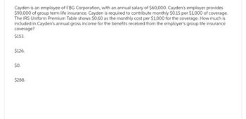 Cayden is an employee of FBG Corporation, with an annual salary of $60,000. Cayden's employer provides
$90,000 of group term life insurance. Cayden is required to contribute monthly $0.15 per $1,000 of coverage.
The IRS Uniform Premium Table shows $0.60 as the monthly cost per $1,000 for the coverage. How much is
included in Cayden's annual gross income for the benefits received from the employer's group life insurance
coverage?
$153.
$126.
$0.
$288.