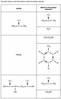 For each solute, click the button under the better solvent.
Which is the better
solute
solvent?
:0:
:0:
CH, -S
CH,
NH, — с — Nн,
H,O
CH,CH,OH
CH,
H
H
NH,Br
H
H.
H
:0:
:0:
:0:
||
CH3
CH, — С —
HO – O - CH -
СH, — С — ОН
ОН
CH,OH
