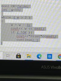 bool OK=false;
int
W=10;
while ( w > 2 )
3;
cout<< w << endl;
if ( !OK ) {
cout<<"Print"<<endl;
W = W
wwww
continue; }
}
ASUS VivoBe
