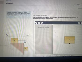 ### Physics Problem 4.32

#### Problem Description:
The figure shows a block (mass \( m_A \)) on a smooth horizontal surface, connected by a thin cord that passes over a pulley to a second block (mass \( m_B \)), which hangs vertically. Ignore friction and the masses of the pulley and cord. 

**Diagram (Figure 1):**
- A horizontal surface with a block \( m_A \) on it.
- A cord connected to \( m_A \) extends horizontally to a pulley.
- The cord then passes over the pulley and hangs vertically downwards to where block \( m_B \) is attached.

#### Part A:
**Task:**
Draw a free-body diagram for block \( A \).

**Instructions:**
Draw the vectors starting at the black dots. The location and orientation of the vectors will be graded. The exact length of your vectors will not be graded.

**Interactive Element:**
- On the right-hand side of the screen, there is an interactive canvas where students can draw and submit their vectors.
- The diagram shows block \( m_A \) with two black dots where vector origins are possible.

**Visual Elements:**
- No elements have been selected or drawn yet in the provided screenshot.

Ensure that your free-body diagram clearly shows all relevant forces acting on block \( A \), including gravitational force, normal force, and any tension from the cord. Use proper vector notation for clarity and precision.