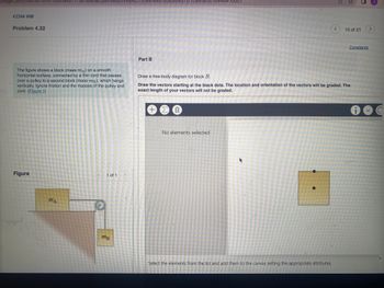 ### CH4 HW - Problem 4.32

#### Part B
**Instructions:**
Draw a free-body diagram for block \( B \).

Draw the vectors starting at the black dots. The location and orientation of the vectors will be graded. The exact length of your vectors will not be graded.

**Constants**

---

#### Problem Statement
The figure shows a block (mass \( m_A \)) on a smooth horizontal surface, connected by a thin cord that passes over a pulley to a second block (mass \( m_B \)), which hangs vertically. Ignore friction and the masses of the pulley and cord. (Figure 1)

---

#### Figure Description

The figure depicts a setup with the following elements:
- Block \( m_A \) on a smooth horizontal surface.
- Block \( m_B \) hanging vertically.
- The two blocks are connected by a thin cord that goes over a pulley. 

The horizontal block \( m_A \) is to the left of the pulley. The vertical block \( m_B \) hangs off the edge, directly below the pulley.

**Free-Body Diagram:**

The section for drawing the free-body diagram presents:
- A block with two black dots indicating where the vectors should begin.
- Controls for adding elements and creating diagrams are visible on the right.

---

**Interactive Instructions:**

Select the elements from the list and add them to the canvas setting the appropriate attributes. 

#### [Educational Notes]
Understanding and correctly drawing free-body diagrams are crucial skills in physics. They help visualize forces acting on an object, which is essential for solving mechanics problems.