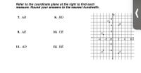 Refer to the coordinate plane at the right to find each
measure. Round your answers to the nearest hundredth.
7. AB
8. BD
6
B
9. AE
10. СЕ
-2
-2
4
-2
11. AD
12. BE
-4
D
E
