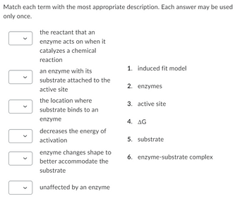 Match each term with the most appropriate description. Each answer may be used
only once.
the reactant that an
enzyme acts on when it
catalyzes a chemical
reaction
an enzyme with its
substrate attached to the
active site
the location where
substrate binds to an
enzyme
decreases the energy of
activation
enzyme changes shape to
better accommodate the
substrate
unaffected by an enzyme
1. induced fit model
2. enzymes
3. active site
4. AG
5. substrate
6. enzyme-substrate complex