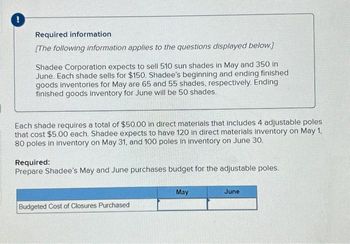 !
Required information
[The following information applies to the questions displayed below.]
Shadee Corporation expects to sell 510 sun shades in May and 350 in
June. Each shade sells for $150. Shadee's beginning and ending finished
goods inventories for May are 65 and 55 shades, respectively. Ending
finished goods inventory for June will be 50 shades.
Each shade requires a total of $50.00 in direct materials that includes 4 adjustable poles
that cost $5.00 each. Shadee expects to have 120 in direct materials inventory on May 1,
80 poles in inventory on May 31, and 100 poles in inventory on June 30.
Required:
Prepare Shadee's May and June purchases budget for the adjustable poles.
Budgeted Cost of Closures Purchased
May
June