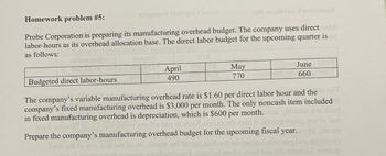 Homework problem #5:
Chap
0 moldong rowemoll
Probe Corporation is preparing its manufacturing overhead budget. The company uses directo
labor-hours as its overhead allocation base. The direct labor budget for the upcoming quarter is
as follows:
Budgeted direct labor-hours
April
490
May
770
June
660
The company's variable manufacturing overhead rate is $1.60 per direct labor hour and the
company's fixed manufacturing overhead is $3,000 per month. The only noncash item included
per month.
in fixed manufacturing overhead is depreciation, which is $600
Prepare the company's manufacturing overhead budget for the upcoming fiscal year.
wad ton bib sterol sup