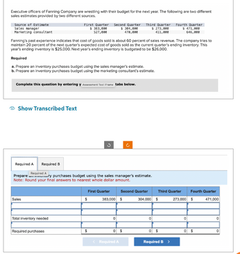 Executive officers of Fanning Company are wrestling with their budget for the next year. The following are two different
sales estimates provided by two different sources.
Source of Estimate
Sales manager
Marketing consultant
Fanning's past experience indicates that cost of goods sold is about 60 percent of sales revenue. The company tries to
maintain 20 percent of the next quarter's expected cost of goods sold as the current quarter's ending inventory. This
year's ending inventory is $25,000. Next year's ending inventory is budgeted to be $26,000.
Required
a. Prepare an inventory purchases budget using the sales manager's estimate.
b. Prepare an inventory purchases budget using the marketing consultant's estimate.
Complete this question by entering y Assessment Tool iFrame tabs below.
Show Transcribed Text
First Quarter Second Quarter
$ 383,000
$ 304,000
527,000
470,000
Sales
Required A Required B
Required A
Prepare y purchases budget using the sales manager's estimate.
Note: Round your final answers to nearest whole dollar amount.
Total inventory needed
Required purchases
$
$
First Quarter
383,000 $
0
0
Third Quarter Fourth Quarter
$ 273,000
$ 471,000
411,000
646,000
Required A
Second Quarter
$
304,000 $
0
Third Quarter
0 $
Required B
>
273,000
0
0
Fourth Quarter
471,000
$
$
0
0