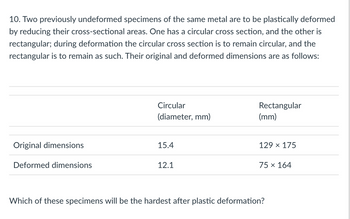 10. Two previously undeformed specimens of the same metal are to be plastically deformed
by reducing their cross-sectional areas. One has a circular cross section, and the other is
rectangular; during deformation the circular cross section is to remain circular, and the
rectangular is to remain as such. Their original and deformed dimensions are as follows:
Original dimensions
Deformed dimensions
Circular
(diameter, mm)
15.4
12.1
Rectangular
(mm)
129 x 175
75 x 164
Which of these specimens will be the hardest after plastic deformation?