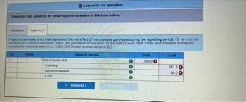 Answer is not complete.
Complete this question by entering your answers in the tabs below.
Required 1 Required 2
Prepare a summary entry that represents the net effect of merchandise purchases during the reporting period. (If no entry is
required for a transaction/event, select "No journal entry required in the first account field. Enter your answers in millions
rounded to 1 decimal place (i.e., 5,500,000 should be entered as 5.5).)
General Journal
No
1
Event
1
Cost of goods sold
Inventory
Accounts payable
Cash
< Required 1
0.00
Debit
285.0
Credit
281.2 x
38.0 x