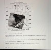 TERRA MODIS Visible
2021/02/27 18:50:00Z NRL-Monterey
130 W25 W20°W15 W10 WL05 W00"W
45°N
45°N
40°N
40 N
35°N
35°N
30°N
30°N
25'N
25 N
20°N
20°N
130 W 125"W 120 W 115 W 110 w 105 W
20
40
60
80
100
Refer to the satellite image shown here-
1. Which portion of the electromagnetic spectrum is represented here? (visible light, longwave
radiation or infrared radiation)?
2. What time was it in Greenwich England when the data displayed in this image was collected?
3. How did you determine the answer to #2?
4. Bonus - VWhat time is it in San Diego, California when this data was collected?
Edit View
Insert Format Tools Table
1,
