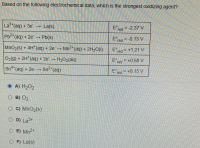 Based on the following electrochemical data, which is the strongest oxidizing agent?
