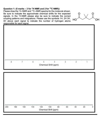 Question 1: (5 marks - 3 for 1H NMR and 2 for 13C NMR))
Please draw the 1H-NMR and 13C-NMR spectra for the molecule shown.
Be sure to indicate the approximate chemical shifts for the expected
signals. In the 1H-NMR please also be sure to indicate the correct
coupling patterns and integrations. Please use the symbols 1H, 2H 3H,
4H above each signal to indicate the number of hydrogen atoms
responsible for each signal.
HO
8
7
6
5
4
3
2
Chemical Shift (ppm)
200
180
160
140
120
100
80
60
40
10
Chemical Shift (ppm)
20
OH