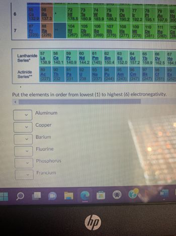 6
7
55 56
132.9 137.3
88
Fr
(223) (226)
Lanthanide
Series*
Actinide
Series**
V
57 58
K
59
Pr
138.9 140.1 140.9 144.2
Aluminum
Copper
89 90
Ac
(227) 232 231 238
Barium
Fluorine
72
75 76
HY
178.5 180.9 183.9 186.2 190.2 192.2 195.1 197.0 200
Put the elements in order from lowest (1) to highest (6) electronegativity.
Phosphorus
104 105 106 107 108 109
DD
Da Rg
(267)
(268) (269) (270) (277) (278) (281) (282) (28
Francium
60 61 62 63 64 65 66 67
Nd Pm Sm Eu Gd Tb Dy Ho
(145) 150.4 152.0 157.2 158.9 162.5 164.9
78 79 80
Et
93 94 95 96 97 98 99
Np
Cm Bk Cf
(237) (244) (243) (247) (247) (251) (252)
00