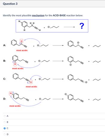 Question 3
Identify the most plausible mechanism for the ACID-BASE reaction below:
A:
B:
C:
D:
OA
OB
D
H
HH
H
most acidic
most acidic
most acidic
most acidic
?