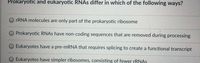 Prokaryotic and eukaryotic RNAS differ in which of the following ways?
FRNA molecules are only part of the prokaryotic ribosome
Prokaryotic RNAS have non-coding sequences that are removed during processing
O Eukaryotes have a pre-mRNA that requires splicing to create a functional transcript
O Eukaryotes have simpler ribosomes, consisting of fewer FRNAS
