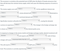 The economy is currently at the potential level of GDP when the Bank of Canada announces that
they will decrease the nominal money supply, which will cause the following sequence of events to
occur:
The money supply curve will [ Select ]
*. As the equilibrium interest rate
[ Select ]
money demand will [ Select ]
* (illustrated as
[ Select ]
) and bond demand will increase
Specifically, investors will prefer the [Select]
causing the domestic
currency to experience [Select ]
. This change in the foreign exchange rate
is shown as
[ Select ]
the interest parity curve.
In response to changes in the money market and foreign exchange market, desired investment will
decrease
and exports will decrease
; both of these
changes will cause
a downward shift of the AE cui and [ Select ]
This will result in [ Select ]
GDP and a [ Select ]
price
level. The economy is currently experiencing
[ Select ]
