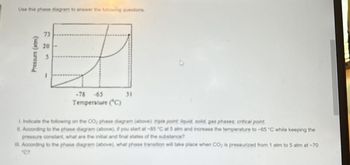 Use this phase diagram to answer the following questions
Pressure (atm)
73
20
-78
-65
Temperature (°C)
31
1. Indicate the following on the CO; phase diagram (above): triple point liquid, solid, gas phases; critical point
II. According to the phase diagram (above), if you start at -85 °C at 5 atm and increase the temperature to -65 °C while keeping the
pressure constant, what are the initial and final states of the substance?
III. According to the phase diagram (above), what phase transition will take place when CO₂ is pressurized from 1 atm to 5 atm at -70
"C?