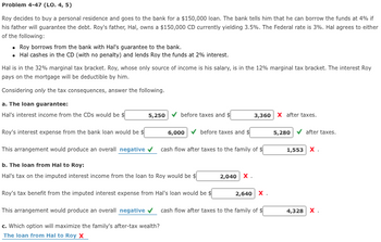 Problem 4-47 (LO. 4, 5)
Roy decides to buy a personal residence and goes to the bank for a $150,000 loan. The bank tells him that he can borrow the funds at 4% if
his father will guarantee the debt. Roy's father, Hal, owns a $150,000 CD currently yielding 3.5%. The Federal rate is 3%. Hal agrees to either
of the following:
• Roy borrows from the bank with Hal's guarantee to the bank.
Hal cashes in the CD (with no penalty) and lends Roy the funds at 2% interest.
Hal is in the 32% marginal tax bracket. Roy, whose only source of income is his salary, is in the 12% marginal tax bracket. The interest Roy
pays on the mortgage will be deductible by him.
Considering only the tax consequences, answer the following.
a. The loan guarantee:
Hal's interest income from the CDs would be $
before taxes and $
6,000 ✓ before taxes and $
Roy's interest expense from the bank loan would be $
This arrangement would produce an overall negative ✓ cash flow after taxes to the family of $
b. The loan from Hal to Roy:
Hal's tax on the imputed interest income from the loan to Roy would be $
Roy's tax benefit from the imputed interest expense from Hal's loan would be $
2,640 X.
This arrangement would produce an overall negative cash flow after taxes to the family of $
c. Which option will maximize the family's after-tax wealth?
The loan from Hal to Roy X
5,250
2,040 X.
3,360 X after taxes.
5,280✔ after taxes.
1,553 X.
4,328 X.