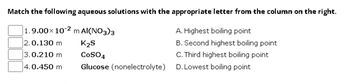 Match the following aqueous solutions with the appropriate letter from the column on the right.
1.9.00x 102 m Al(NO3)3
2.0.130 m
K₂S
3.0.210 m
4.0.450 m
Glucose (nonelectrolyte)
CoSO4
A. Highest boiling point
B. Second highest boiling point
C.Third highest boiling point
D. Lowest boiling point